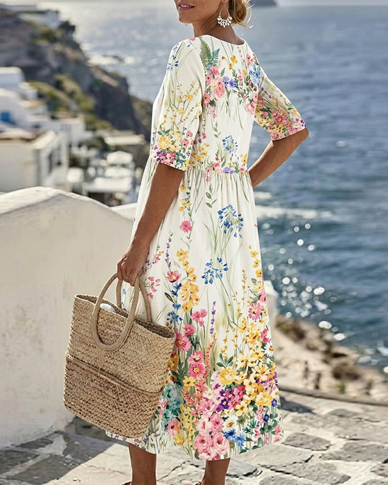 Jurk Rond Hals Aquarel Bloemen