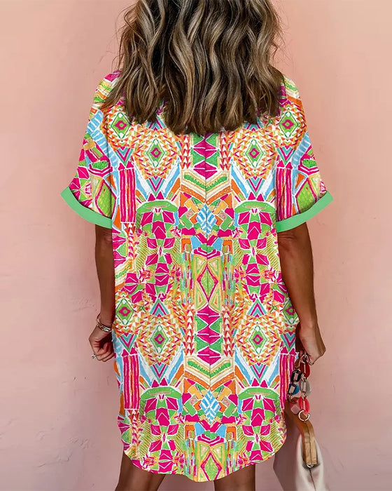 Jurk Met Revers Kleurrijke Bedrukte Blouse