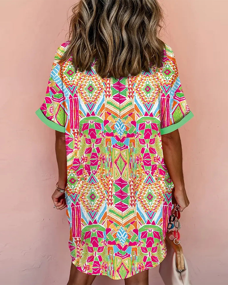 Jurk Met Revers Kleurrijke Bedrukte Blouse