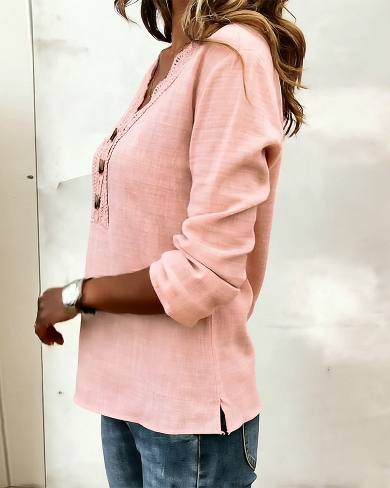 Blouse Kant Paneel Geknoopt V-hals