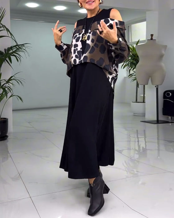 Casual jurk met blote schouder en luipaardprint