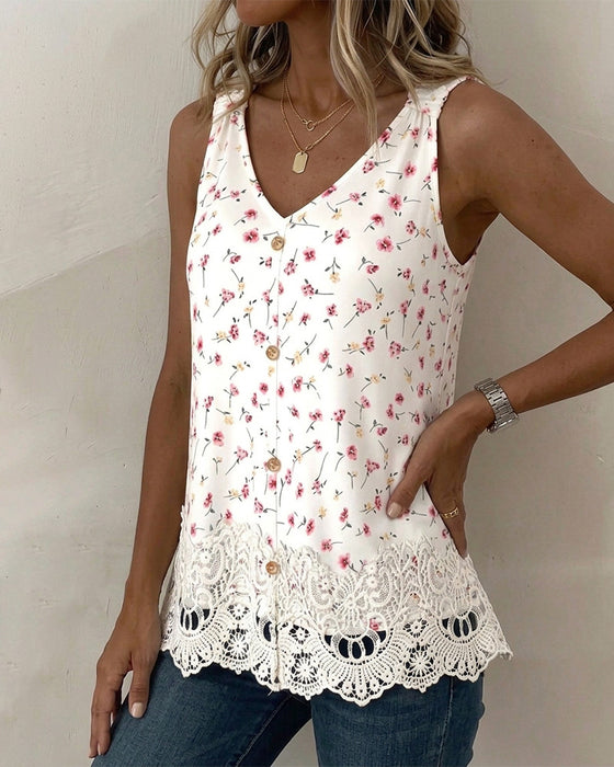 Tank Top V-Hals Spaghettiband Bloemen Kant Patchwork