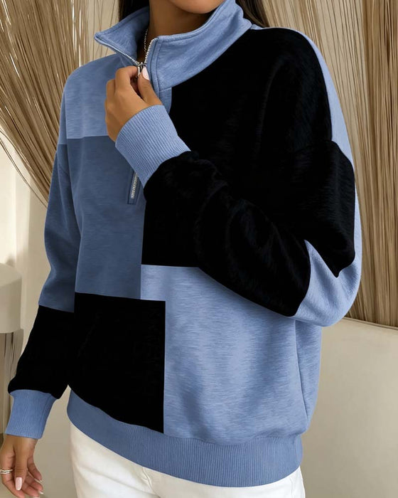 Sweatshirt Geruit Kleurblok Rits Staande-Kraag