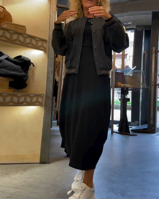 Effen kleur jurk met ronde hals lange mouw en zak