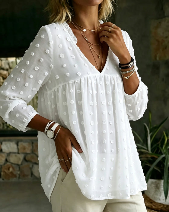 Blouse V-Hals Lange Mouw Geplooid