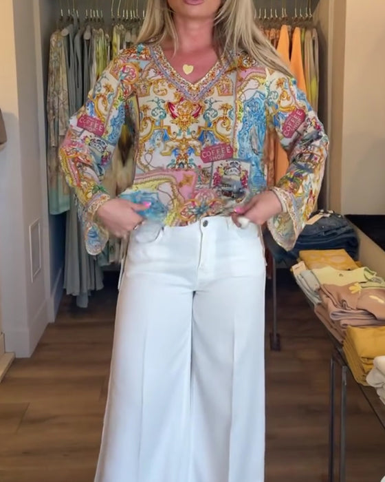 Blouse V-Hals Bohemian Print Casual