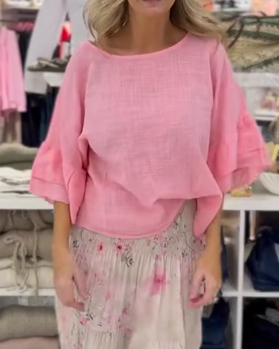 Blouse Loose Fit Ronde Hals Ruche Mouw