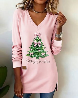 Sweatshirt Kerstboomprint Raglanmouwen V-Hals