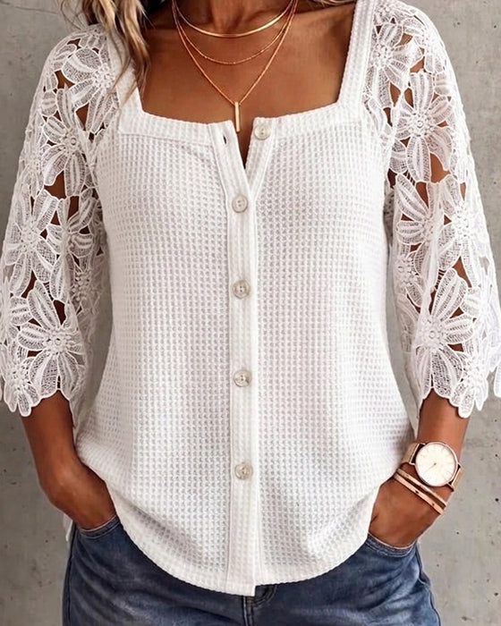 Blouse Kant Paneel Wafelbreisel Knoop-Voor