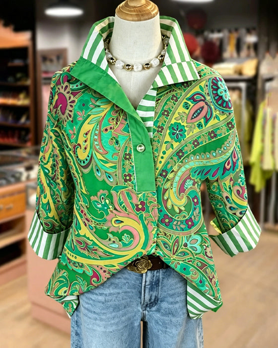 Blouse Patchwork Bloemen Afdruk Casual