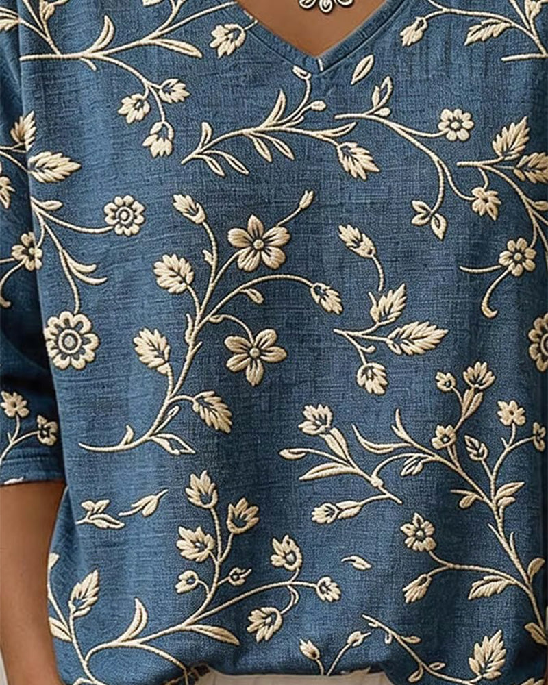 Blouse V-Hals Half Mouw Bloemen