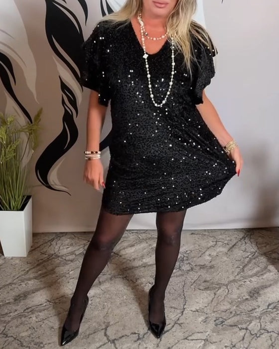 Jurk V-Hals Ruffle Mouw Fluweel Glitter