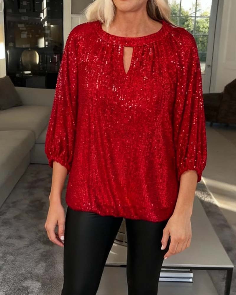 Wijde Blouse Met Pailletten En Drie-Kwart Mouwen
