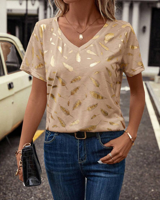 T-Shirt V-Hals Bladprint Casual