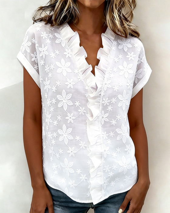 Blouse Korte Mouw Ruche V-Hals