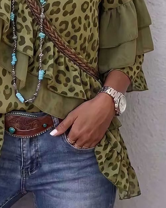 Blouse V-Hals Ruffle Luipaard