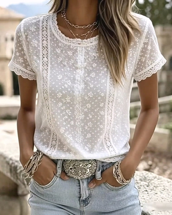 Blouse Kant Hollow Out Korte Mouw