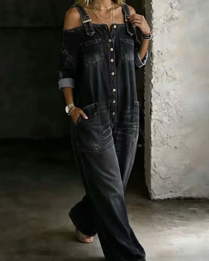 Jumpsuit Spaghettiband Koele Schouder Wijd Been Denim
