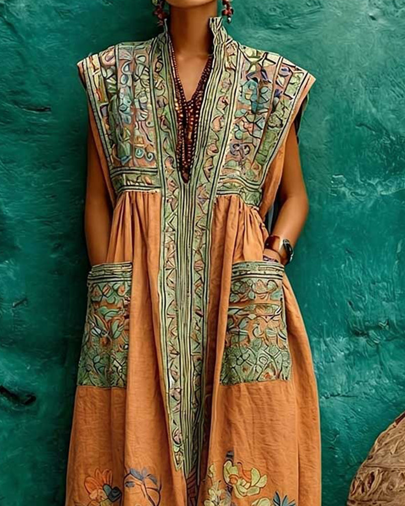 Jurk Retro Print Zak Mouwloos Lang