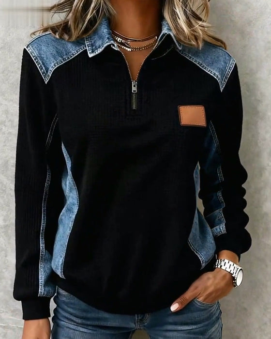 Top Rits Denim Patchwork Knoopsgat