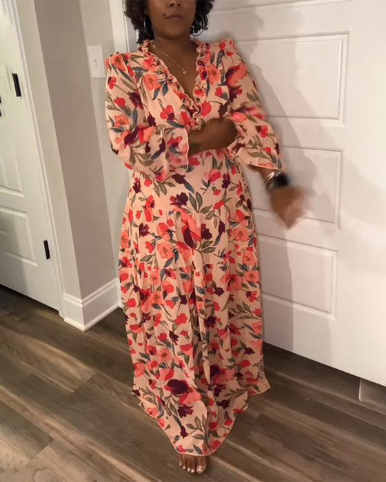 Jurk V-Hals Lange Mouwen Bloemenprint