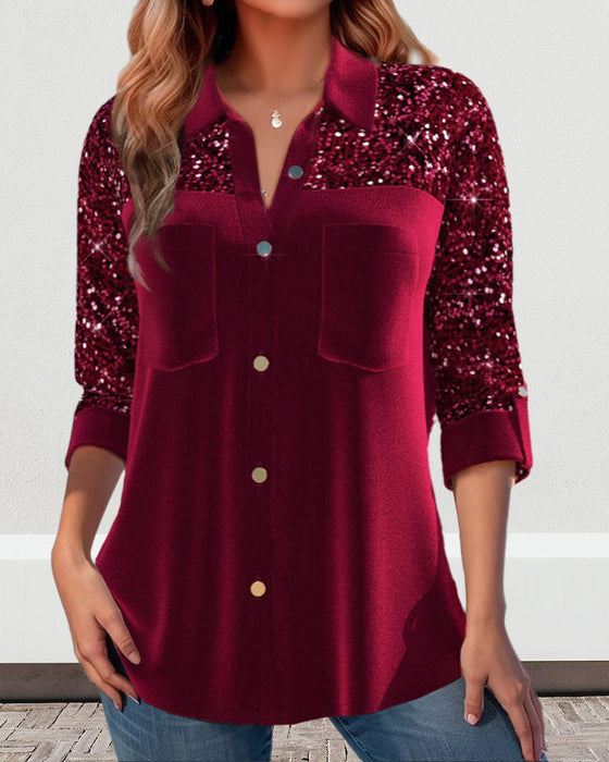 Paillettenpaneel effen revers knoop overhemd