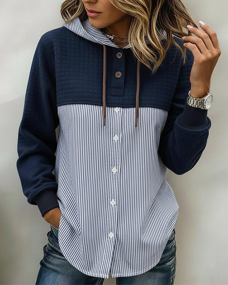 Shirt Geknoopt Met Capuchon Verticale Streep Patchwork