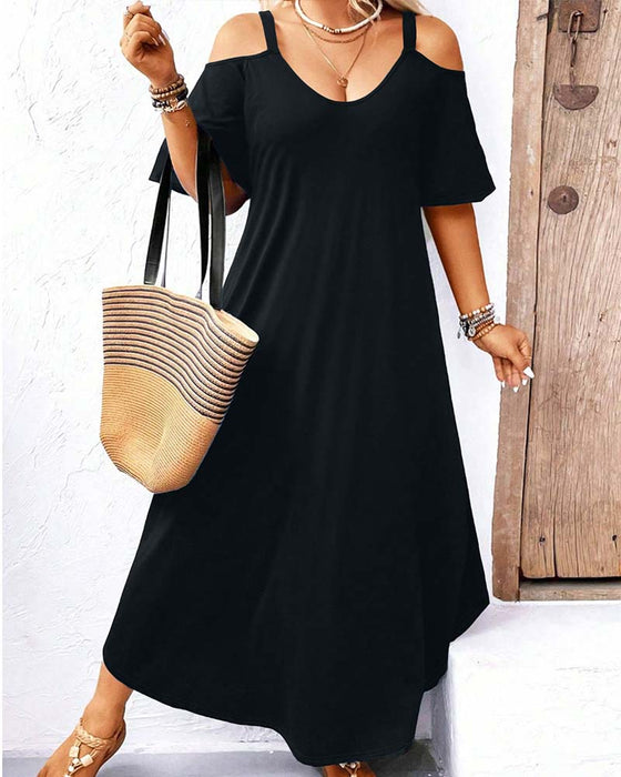 Jurk Effen V-Hals Off-Shoulder Lang