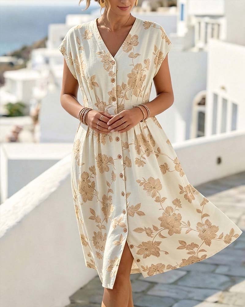 Jurk V-Hals Print Getailleerde Taille Knoopsluiting Voorzijde