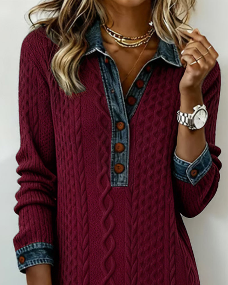 Jurk Met Kraag Van Denim, Kabelssteek En Patchwork