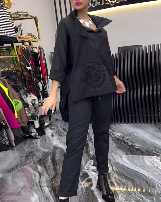 Revers kanten patchwork bloemenblouse