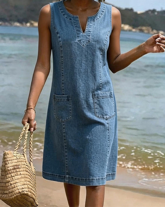 Jurk Denim Petite V-Hals Mouwloos