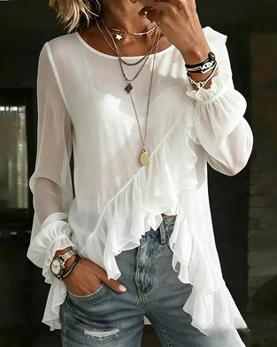Blouse Bias Gesneden Ruffle Lange Mouw
