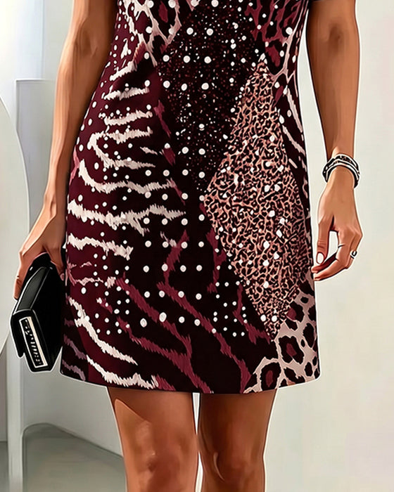 Jurk Luipaardprint Rondhals Kortmouw Patchwork