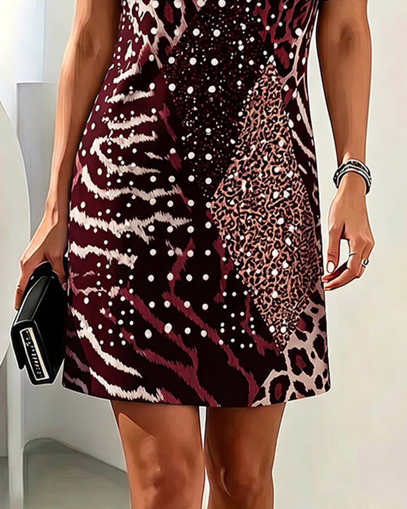Jurk Luipaardprint Rondhals Kortmouw Patchwork