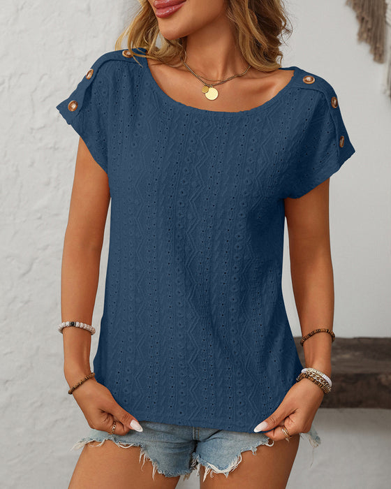 Blouse Ronde Hals Knop Uitsnijding Korte Mouwen