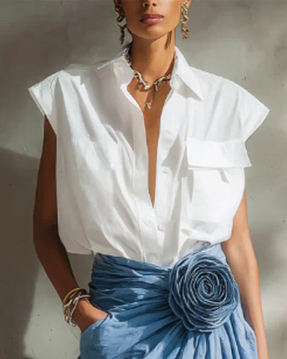 Blouse Diepe V Knoopsgat Mouwloos