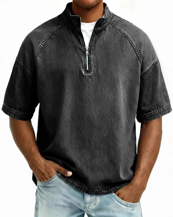 Overhemd Met Washed Look En Rits Korte Mouw