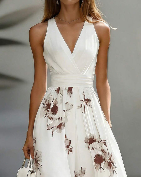 Jurk Mouwloos V-Hals Taille Bloemen