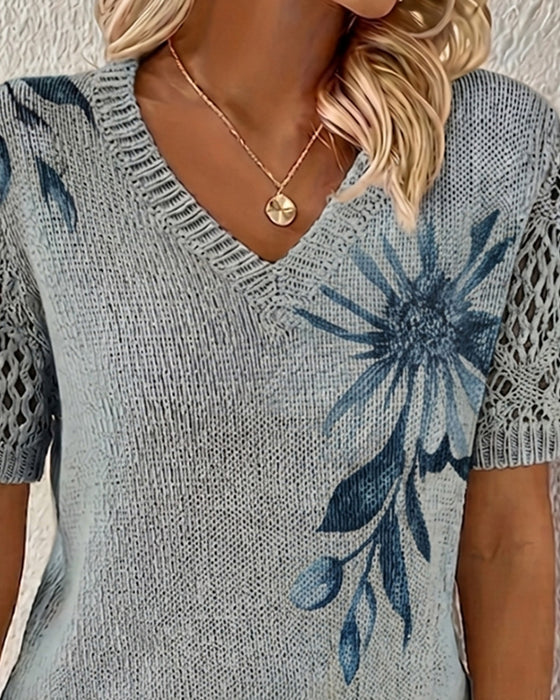 Pullover V-Hals Gebreid Bloemen