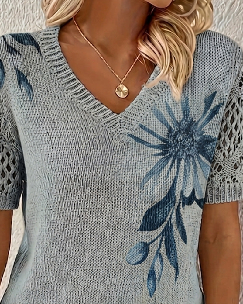 Pullover V-Hals Gebreid Bloemen