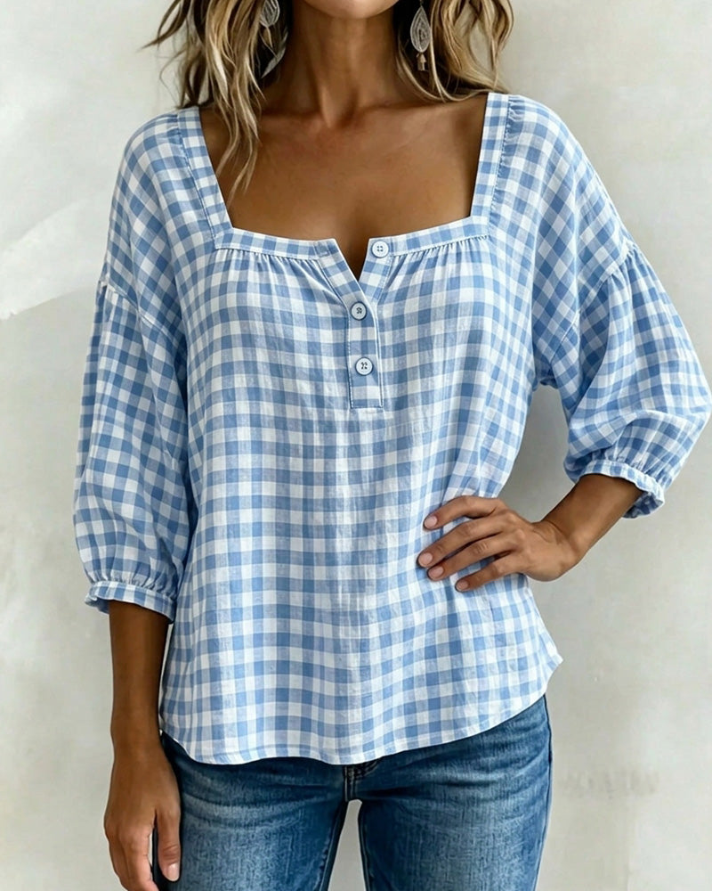 Blouse Vierkante Hals Knoopsluiting Ruit