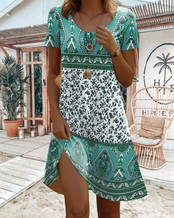 Jurk Korte Mouwen Contrasterend Print