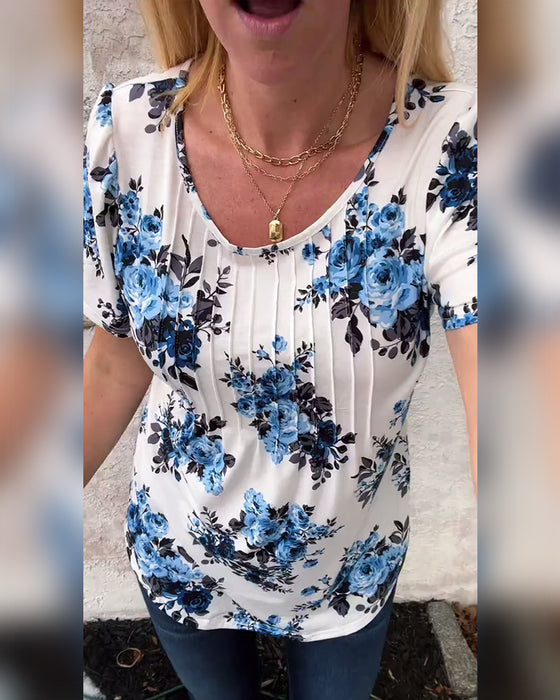 T-Shirt Met Ronde Hals Bloemenprint Geplisseerd
