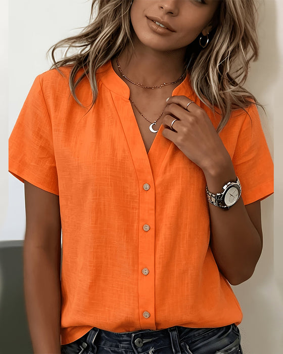 Blouse Staande Kraag Dichtknopen Korte Mouw