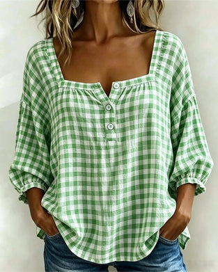 Blouse Vierkante Hals Knoopsluiting Ruit