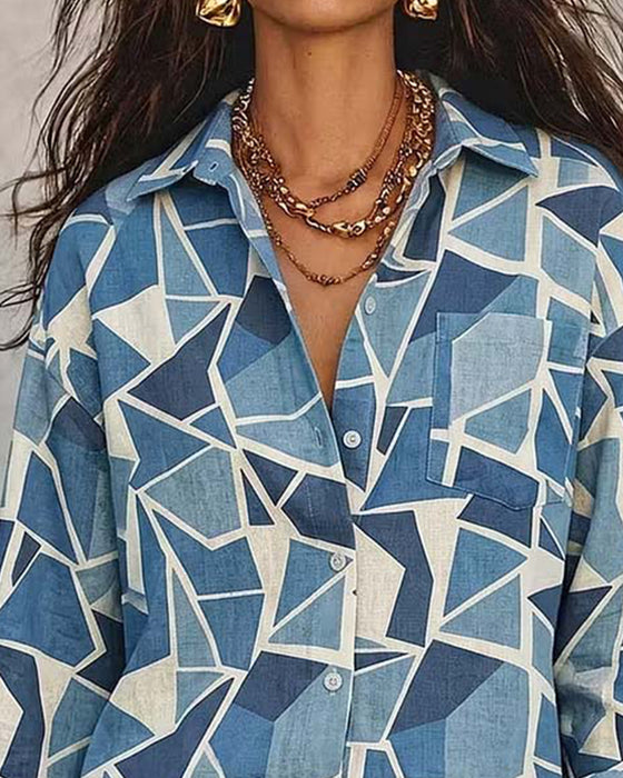 Blouse Geometrische Print Kraag Lange Mouw