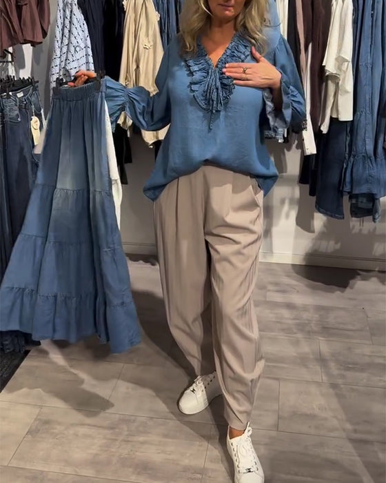 Blouse Ruche Rand Strik Denim