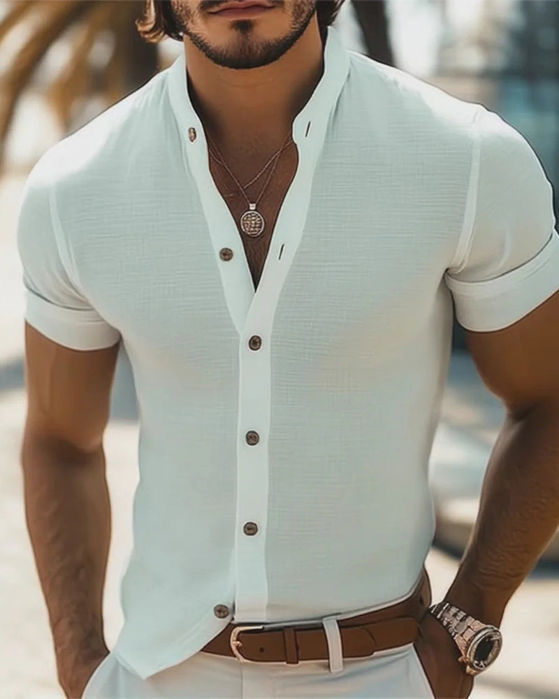 Shirt Staande Kraag Volledige Sluiting Korte Mouw