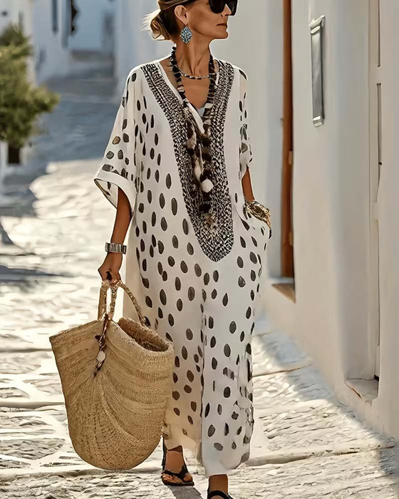 Jurk V-Hals Stippen Resort Print